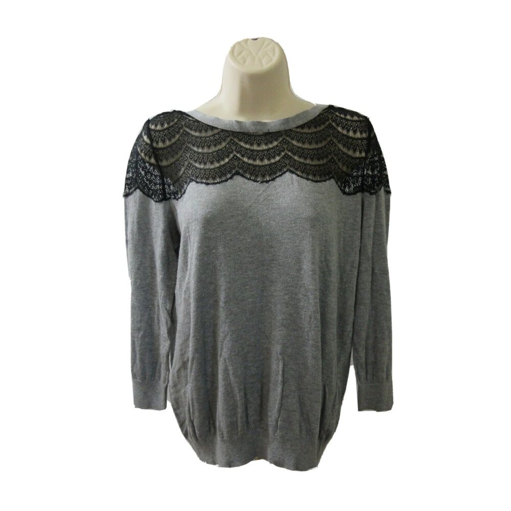 Lauren Conrad Sweater Top Size Large Gray w Black Lace 3/4 Sleeve & Ribbed Cuffs